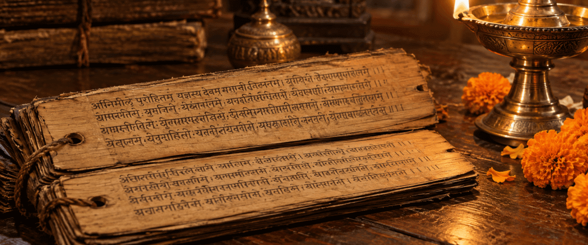 Open Rigveda manuscript with a brass oil lamp and flowers