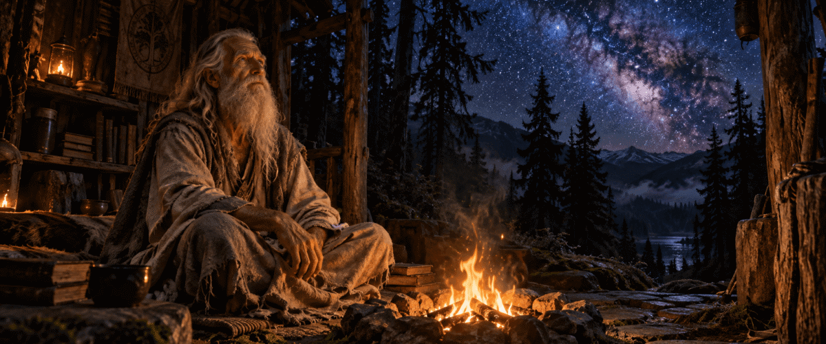 Ancient sage gazing at the starry sky from a forest hermitage