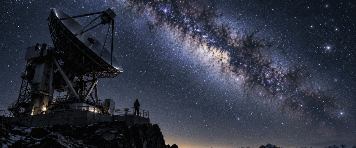 Modern telescope under a brilliant Milky Way sky