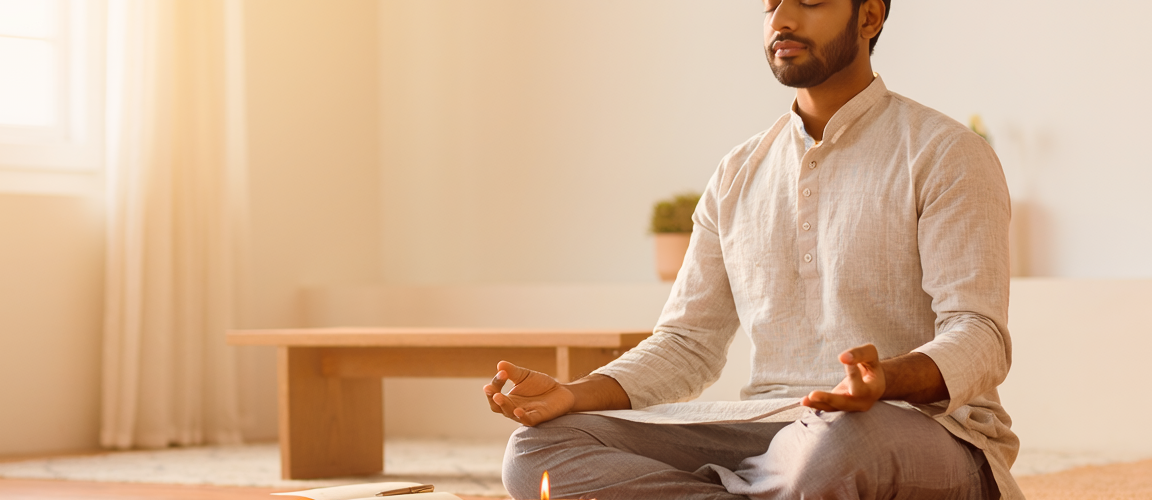 Person practicing silent meditation in a peaceful room at sunrise
