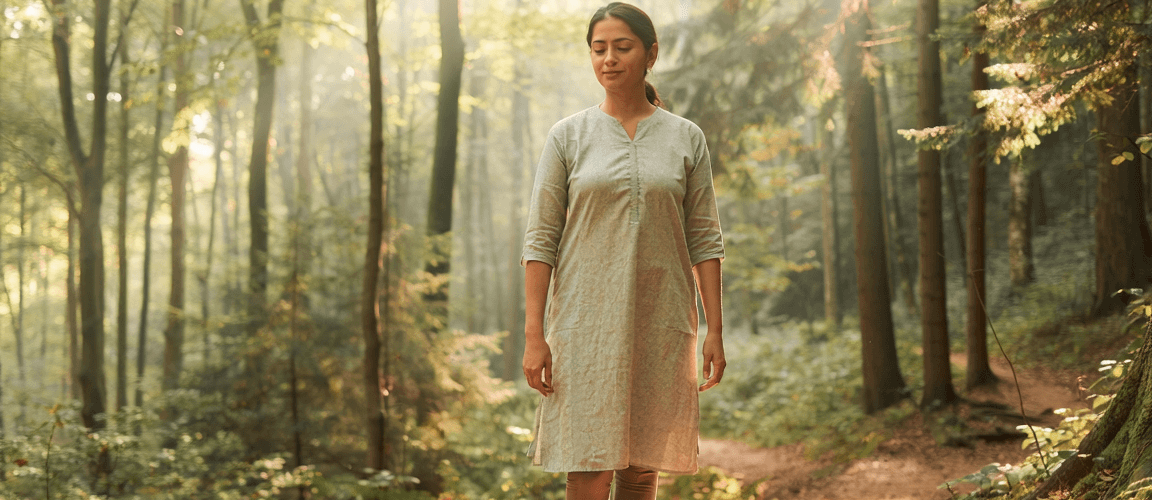 Practitioner walking mindfully through a quiet green forest