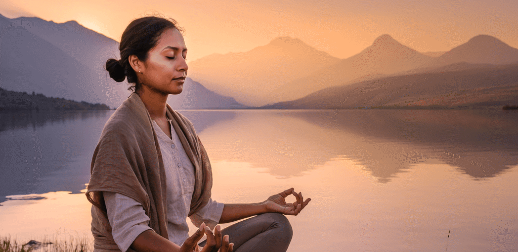 Silent meditation beside a mountain lake at sunset