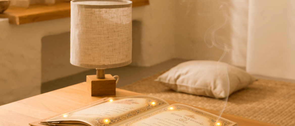 Spiritual journal and meditation items arranged in a quiet room