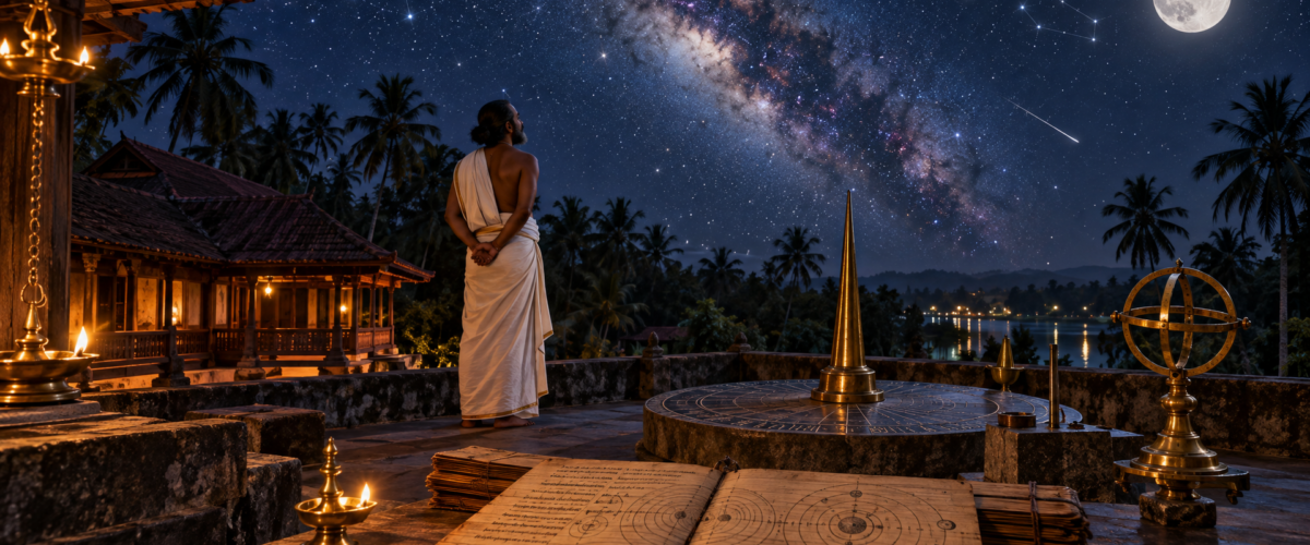 Ancient Indian astronomical observation – Kerala jyotisha scholar studying stars for mathematical computation under night sky