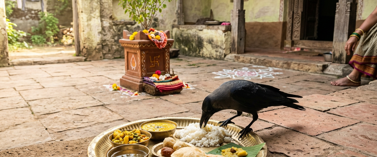 पत्तल पर रखा श्राद्ध भोजन ग्रहण करता कौवा