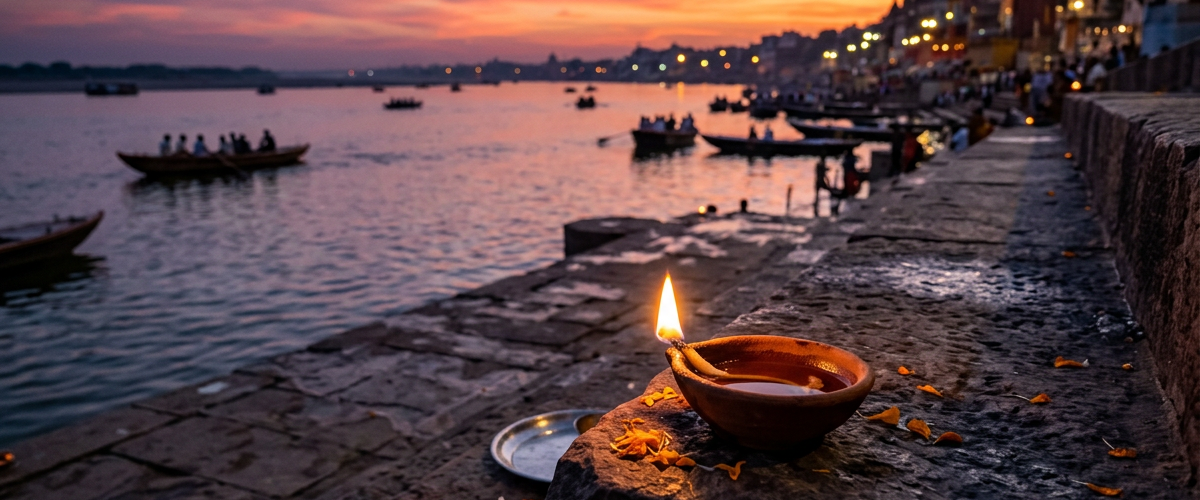 सूर्यास्त के समय गंगा घाट पर जलता दीपक