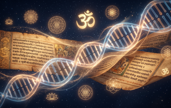 DNA helix intertwined with Vedic Sanskrit manuscripts — geneticsmeets ancient Indian history research