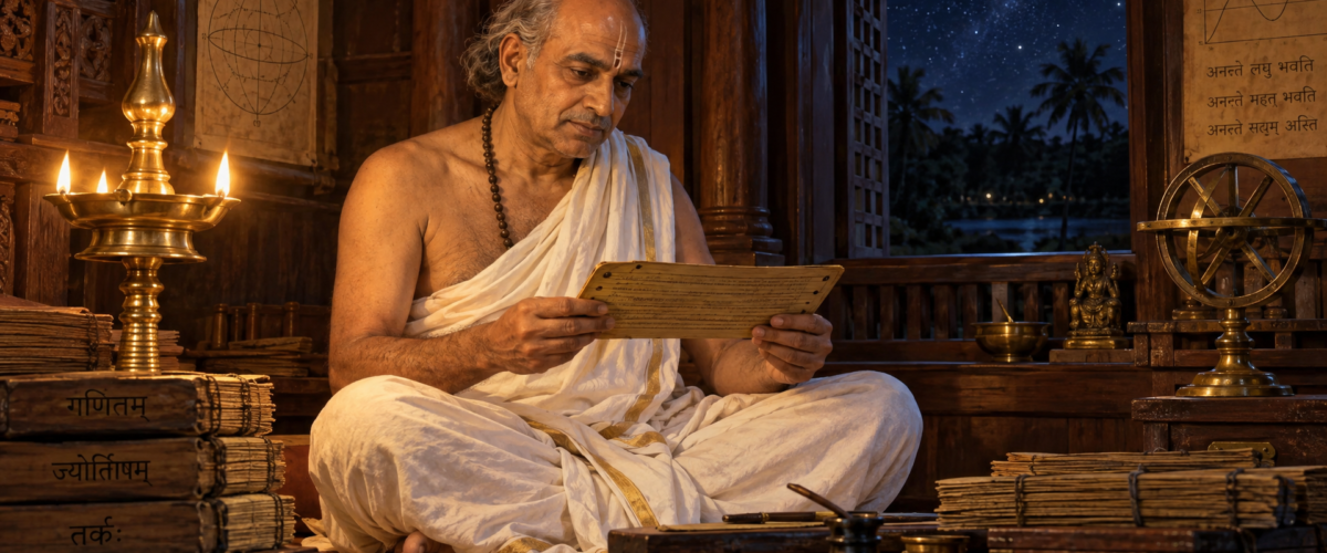 Madhava of Sangamagrama – founder of Kerala School of Mathematics studying palm leaf manuscript by lamplight