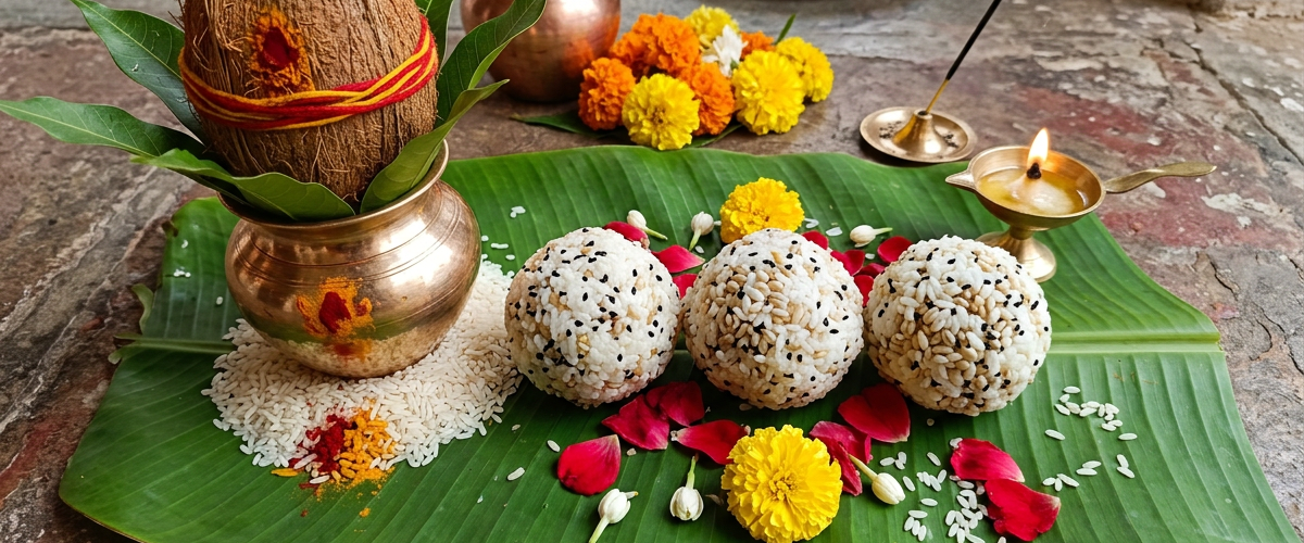 पत्तल पर रखे चावल और तिल से बने पिंड