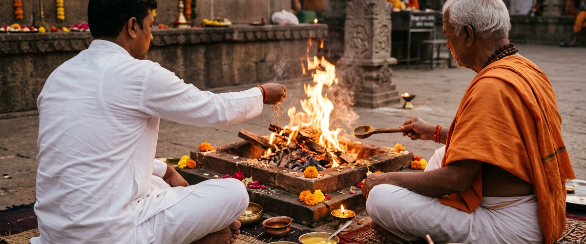 अग्नि के समक्ष श्राद्ध कर्म करते हुए व्यक्ति