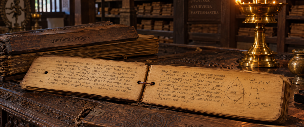 Yuktibhasha manuscript – palm leaf with Malayalam mathematical proofs of infinite series from Kerala School of Mathematics